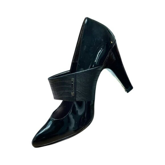 Isola Black Patent Leather Heels With Croc-Embossed Strap Womens Size 9M - Picture 11 of 12